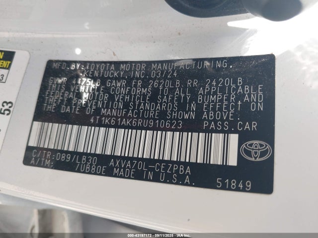 Продажа на аукционе авто 2024 Toyota Camry Xse, vin: 4T1K61AK6RU910623, номер лота: 43197172