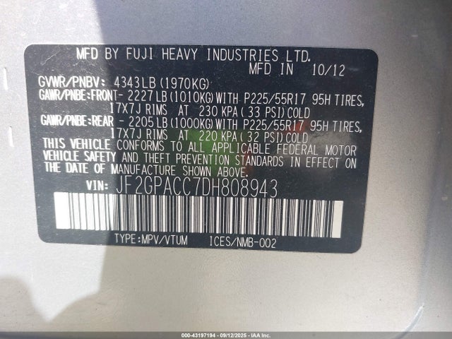 Продаж на аукціоні авто 2013 Subaru Xv Crosstrek 2.0i Premium, vin: JF2GPACC7DH808943, номер лоту: 43197194