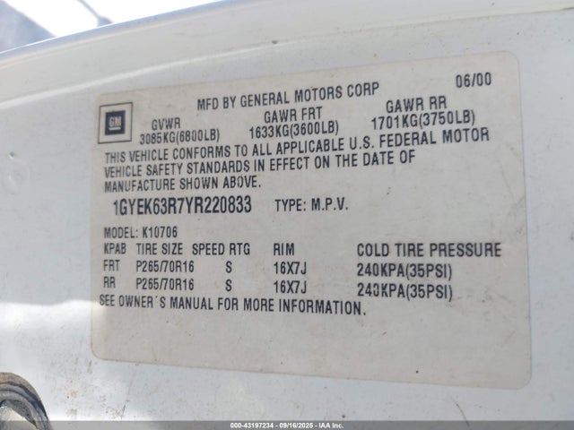 2000 CADILLAC ESCALADE 1GYEK63R7YR220833 Photo 8