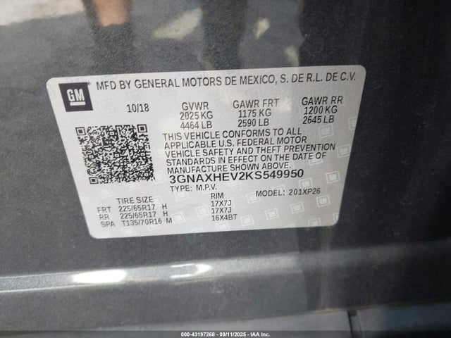 3GNAXHEV2KS549950 Chevrolet lyx - direct injection, vvt, fgt, turbo, alum, gen1