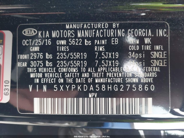 5XYPKDA58HG275860 KIA 2017