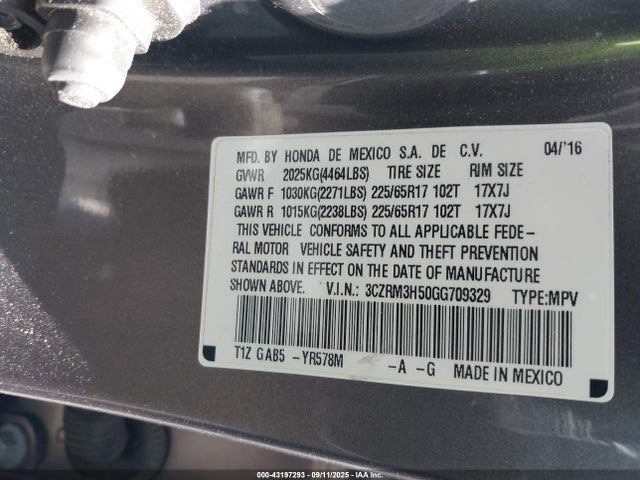 3CZRM3H50GG709329 Honda k24w9/k24v1