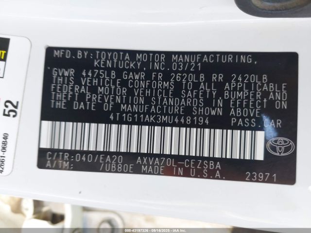 2021 TOYOTA CAMRY 4T1G11AK3MU448194 Photo 8