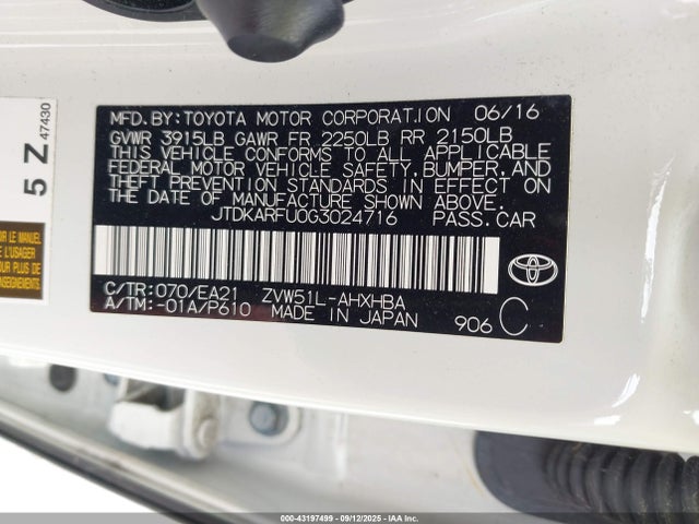 JTDKARFU0G3024716 Toyota 2zr-fxe,1nm