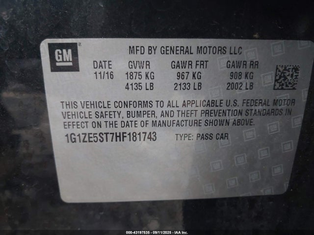 1G1ZE5ST7HF181743 Chevrolet lfv - di: direct injection, vvt: variable valve timing, gen 1