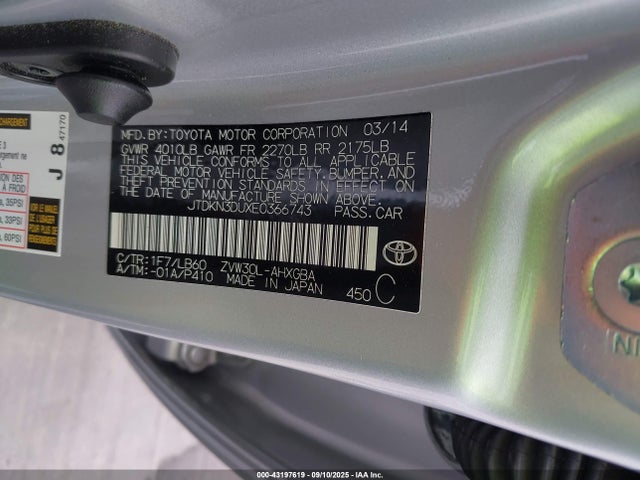 JTDKN3DUXE0366743 Toyota 2zr-fxe+3jm