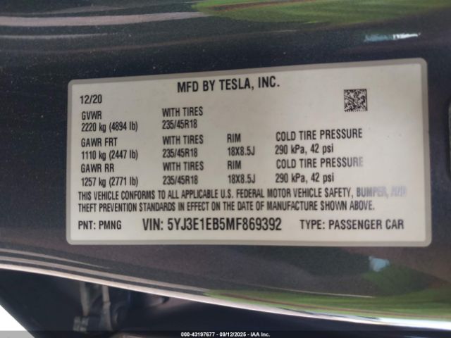 2021 TESLA MODEL 3 5YJ3E1EB5MF869392 Photo 8