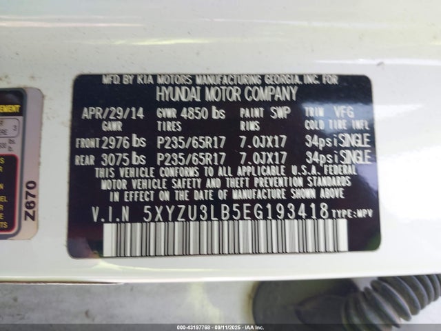 5XYZU3LB5EG193418 Hyundai gdi theta
