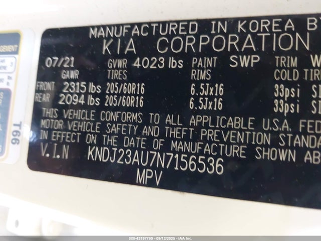 Продажа на аукционе авто 2022 Kia Soul S, vin: KNDJ23AU7N7156536, номер лота: 43197799
