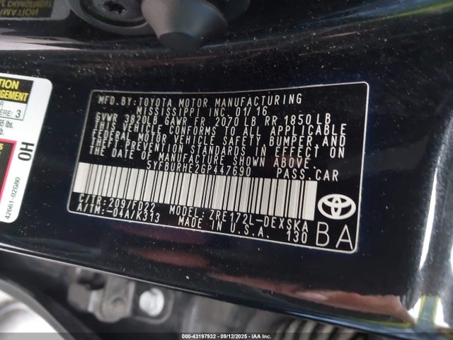 Toyota 2zr-fe 2016 5YFBURHE2GP447690 Image 9