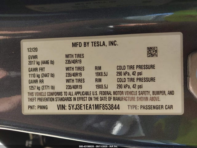 Tesla 2021 2021 5YJ3E1EA1MF853844 Image 9