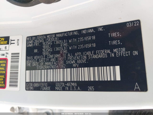 5TDHZRAH7NS547062 Toyota 2gr-fks