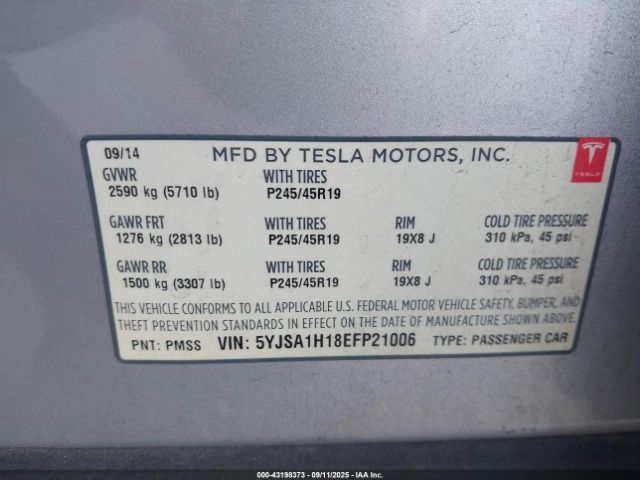 2014 TESLA MODEL S 5YJSA1H18EFP21006 Photo 8