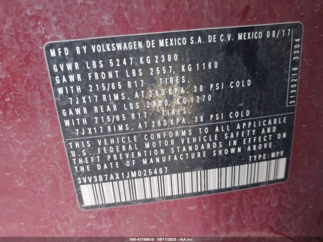 2018 VOLKSWAGEN TIGUAN 3VV3B7AX1JM025467 Photo 8