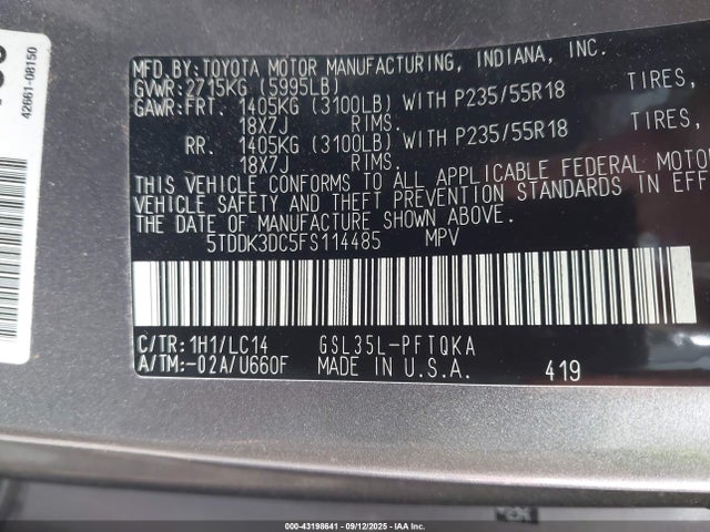 5TDDK3DC5FS114485 Toyota Sienna Xle Premium 7 Passenger