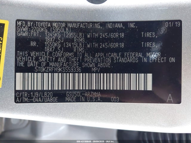 Toyota 2gr-fks 2019 5TDKZRFH9KS559336 Image 9