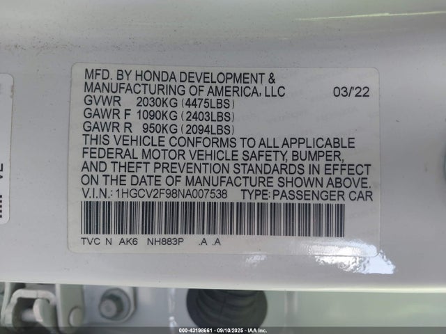 1HGCV2F98NA007538 Honda k20c4