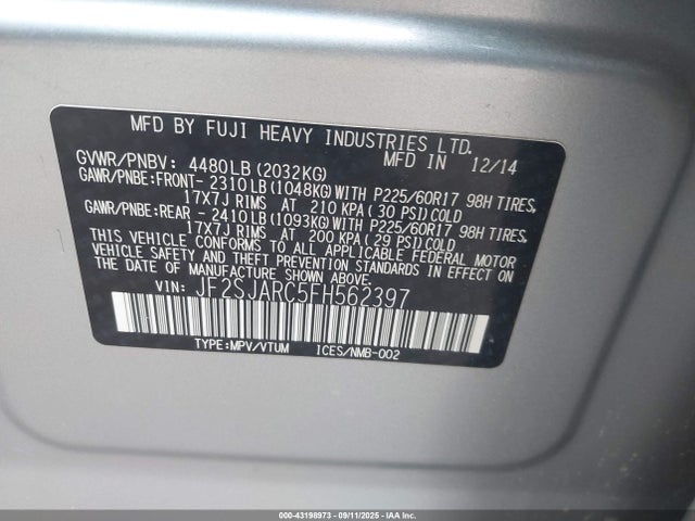 JF2SJARC5FH562397 Subaru 2.5na u5