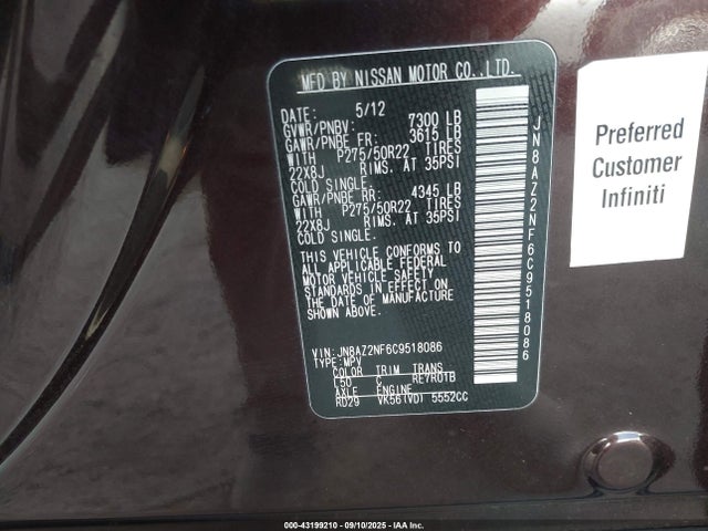 Продажа на аукционе авто 2012 Infiniti Qx56, vin: JN8AZ2NF6C9518086, номер лота: 43199210