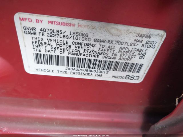 2008 MITSUBISHI LANCER JA3AU26U88U013015 Photo 8