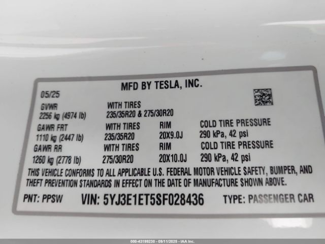 2025 TESLA MODEL 3 5YJ3E1ET5SF028436 Photo 8