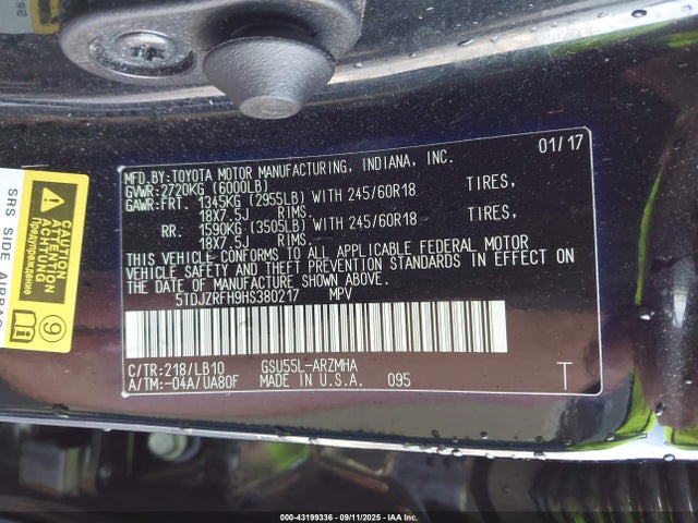 5TDJZRFH9HS380217 Toyota 2gr-fks