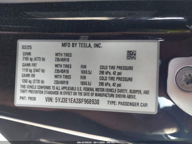 2025 TESLA MODEL 3 5YJ3E1EA3SF968930 Photo 8