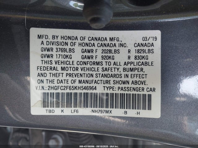 Honda k20c2 2019 2HGFC2F65KH546964 Image 9