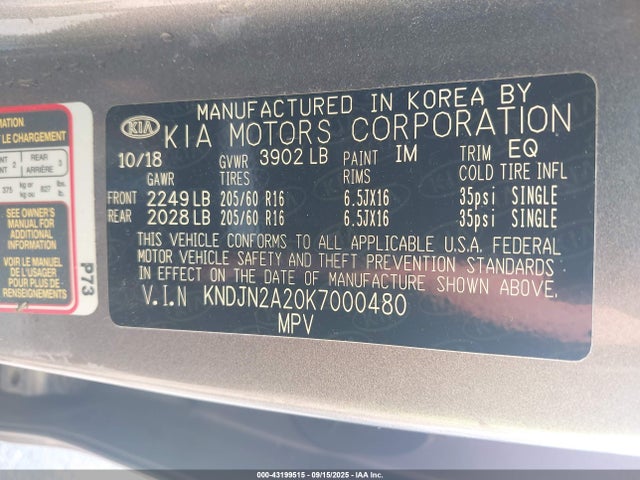Продажа на аукционе авто 2019 Kia Soul, vin: KNDJN2A20K7000480, номер лота: 43199515