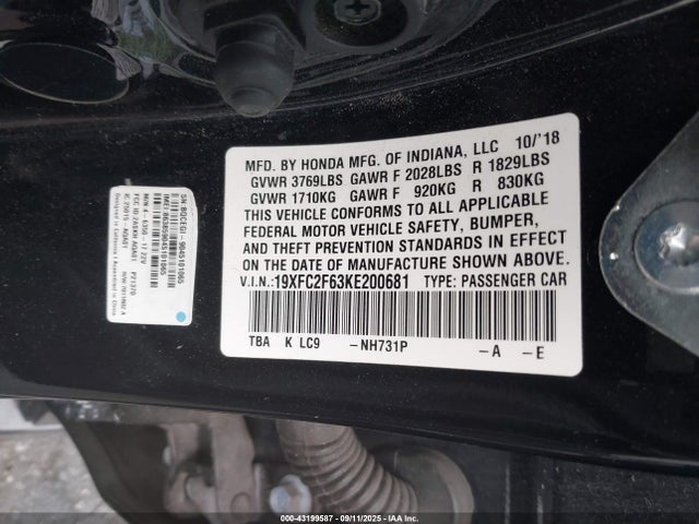 Honda k20c2 2019 19XFC2F63KE200681 Image 9