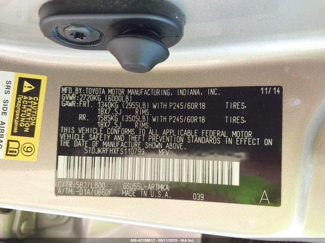 Toyota 2gr-fe 2015 5TDJKRFHXFS110799 Image 9