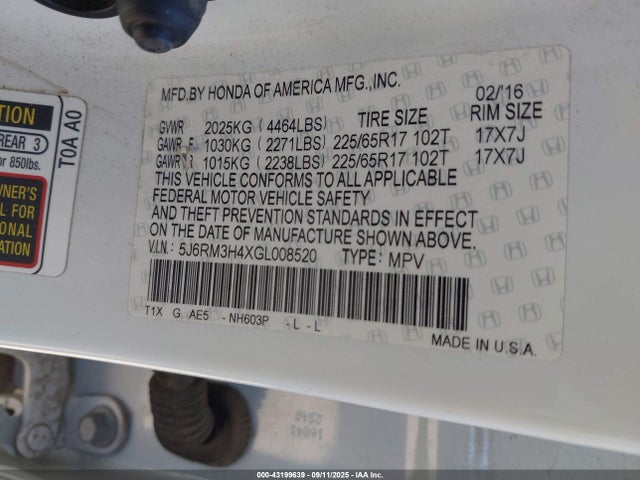 5J6RM3H4XGL008520 Honda k24w9