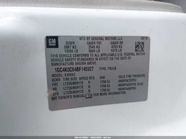 2011 Chevrolet Silverado 3500hd Lt მანქანა იყიდება აუქციონზე, vin: 1GC4K0C84BF145927, აუქციონის ნომერი: 43199687