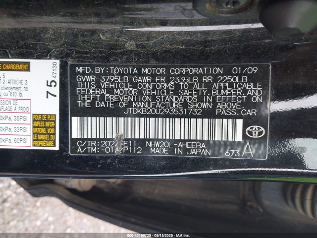 Aukcja sprzedaży 2009 Toyota Prius, vin: JTDKB20U293531732, numer aukcji: 43199729