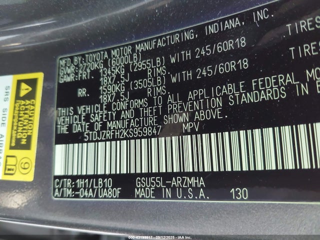 5TDJZRFH2KS959847 Toyota 2gr-fks