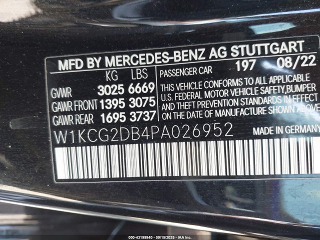 43199940 :رقم المزاد ، W1KCG2DB4PA026952 vin ، 2023 Mercedes-benz Eqs 450+ مزاد بيع