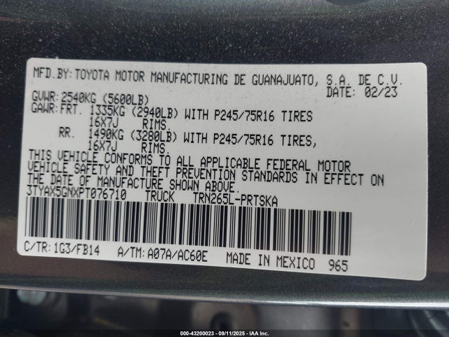 3TYAX5GNXPT076710 Toyota 2tr-fe