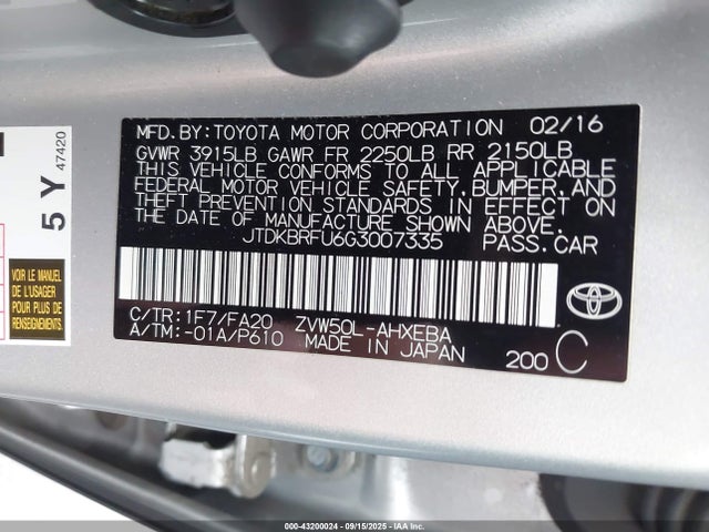 JTDKBRFU6G3007335 Toyota 2zr-fxe,1nm