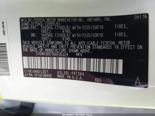 5TDXK3DC1GS735334 Toyota 2gr-fks