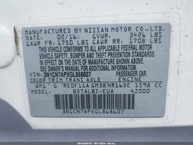 3N1CN7APXGL868607 Nissan 2016
