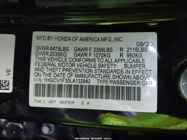 1HGCV1F30LA132942 Honda l15be