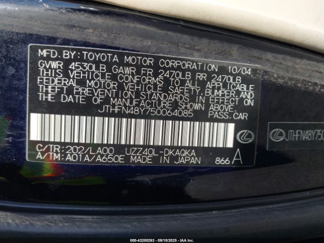 2005 LEXUS SC 430 JTHFN48Y750064085 Photo 8