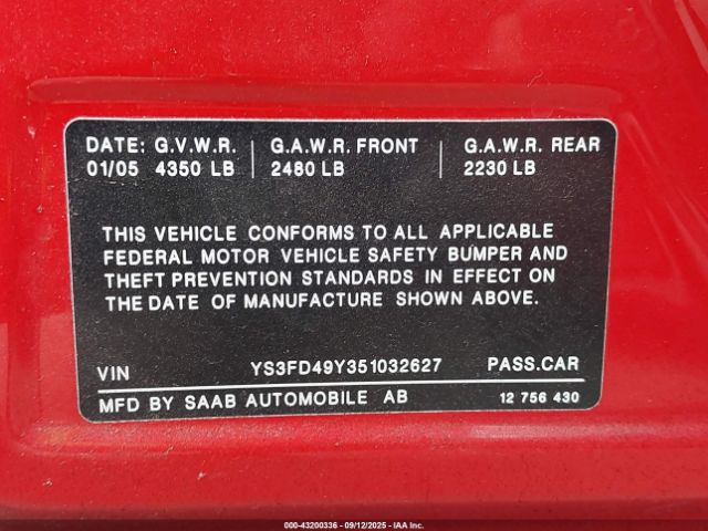 2005 SAAB 9-3 YS3FD49Y351032627 Photo 8