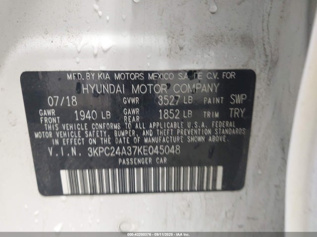 43200376 :رقم المزاد ، 3KPC24A37KE045048 vin ، 2019 Hyundai Accent Se مزاد بيع