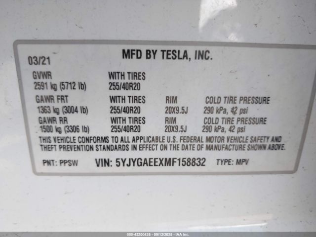 2021 TESLA MODEL Y 5YJYGAEEXMF158832 Photo 8