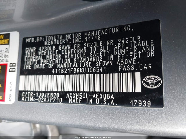 4T1B21FB6KU006541 Toyota a25a-fxs, 3nm