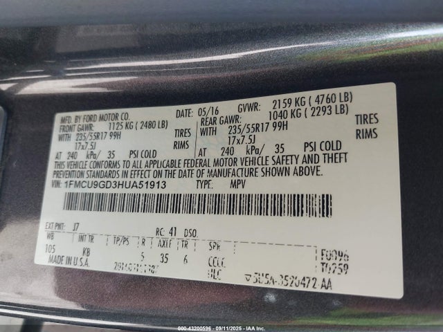 1FMCU9GD3HUA51913 Ford gtdi sigma w/premium fuel