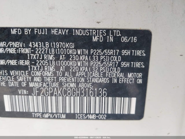 JF2GPAKC8GH316136 Subaru naturally aspirated