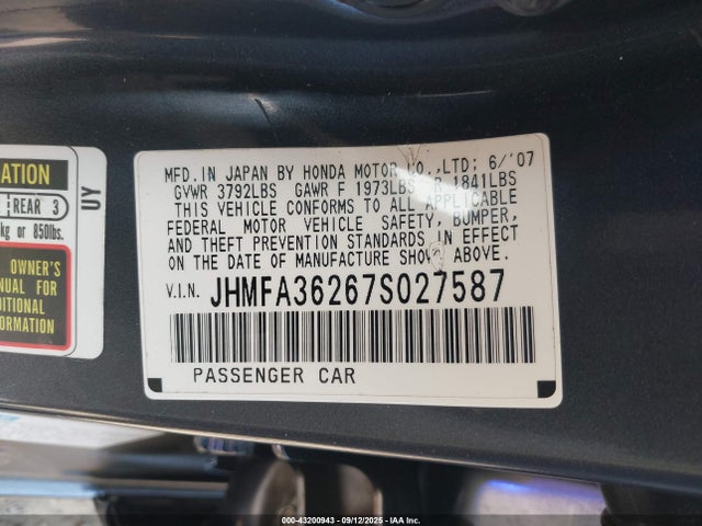 43200943 :رقم المزاد ، JHMFA36267S027587 vin ، 2007 Honda Civic Hybrid مزاد بيع