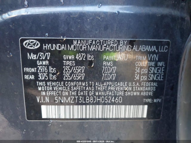 5NMZT3LB8JH052460 Hyundai gdi theta ii